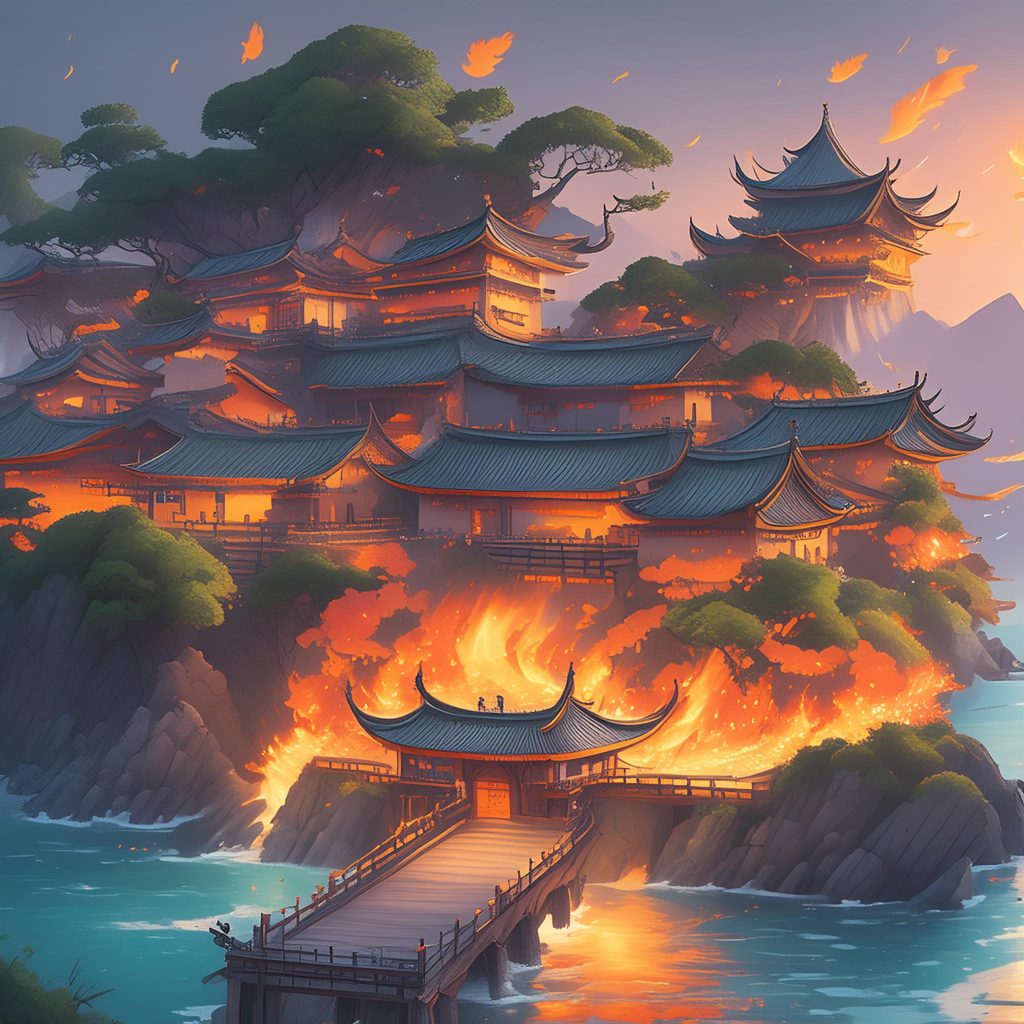 firefly a small chinese island engulfed in fire. at twilight. 87514